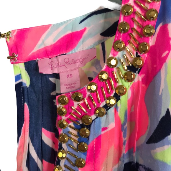 Lilly Pulitzer‎ Women's Arielle Beaded Romper High Tide Navy Tropicolada Pink XS - Picture 2 of 9